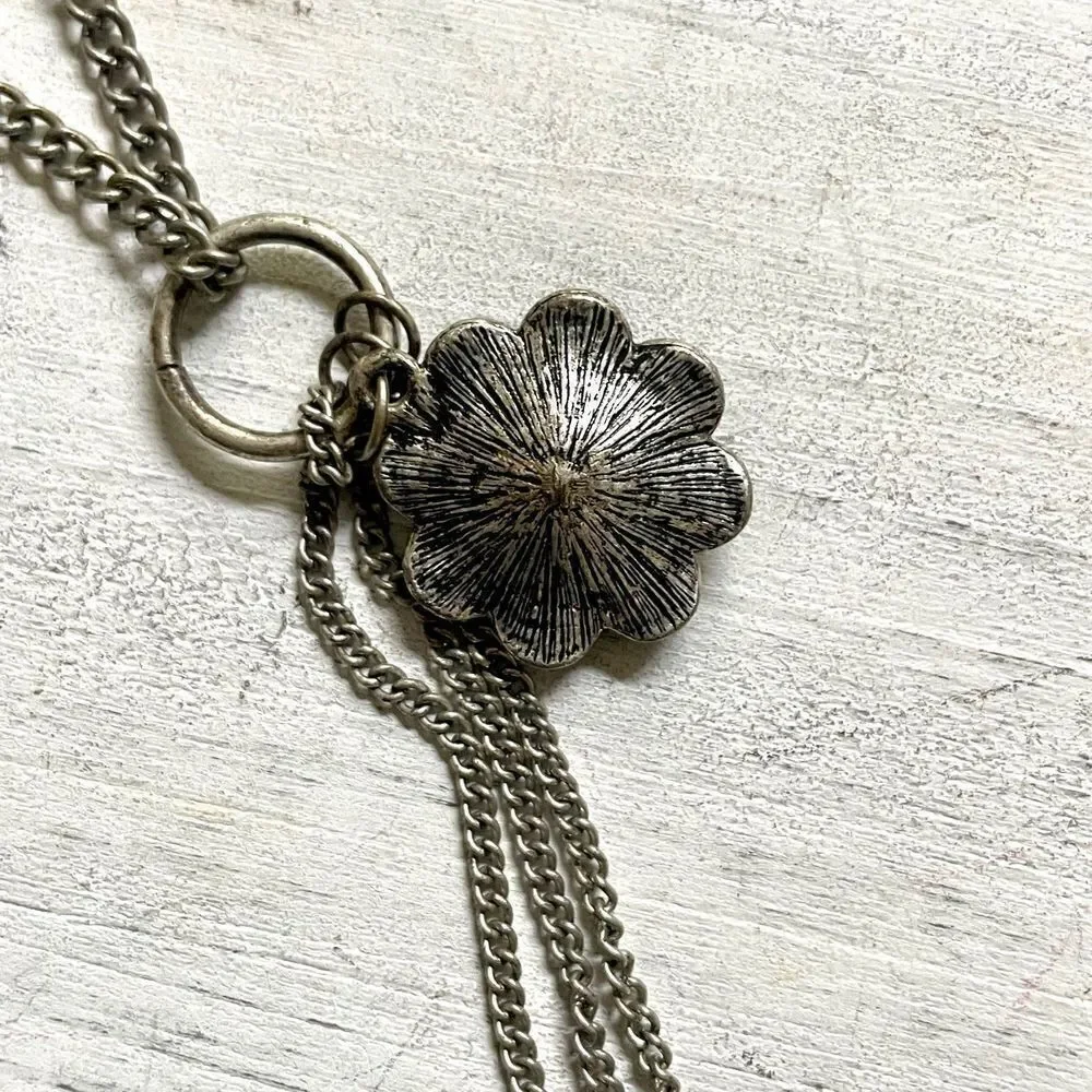 Silver tone flower tassel chain long necklace